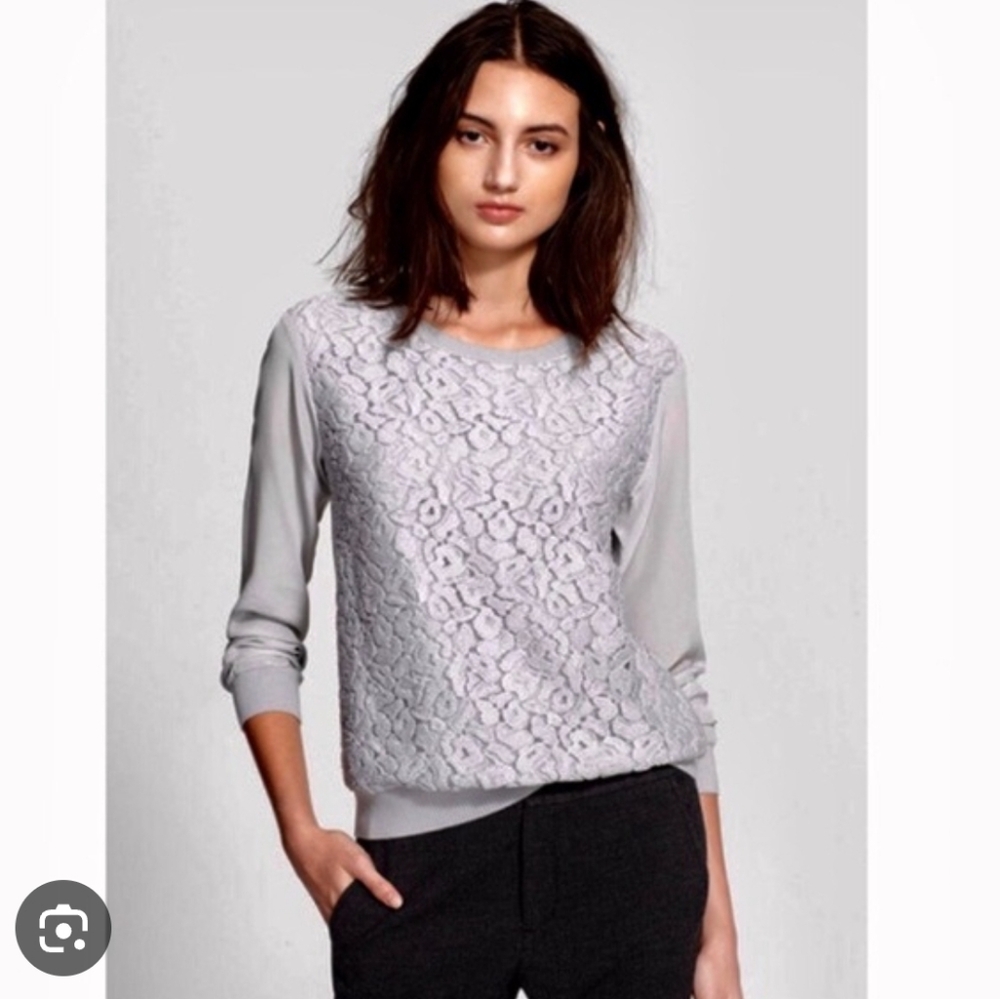 VINCE FLORAL GREY SILK SWEATER BLOUSE Long Sleeve Designer Revolve Anthropologie
